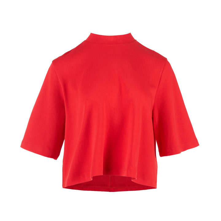 Red cropped cotton spandex jersey tee with mock neckline and elbow-length sleeves, shown front view