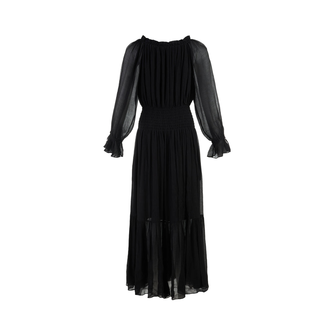 Black silk blend maxi dress with sheer balloon sleeves, gathered neckline, smocked waist and tiered flowing skirt - view 2