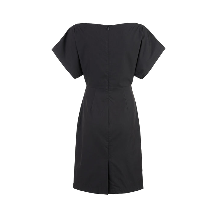 Black Thea dress in stretch rayon linen with boat neckline, wide short sleeves and gathered waist detail - view 2
