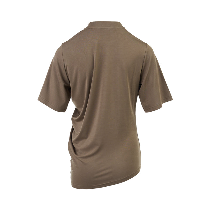 Taupe brown mock-neck short sleeve jersey tee with gathered draping at the side seam and an asymmetric hem - view 2