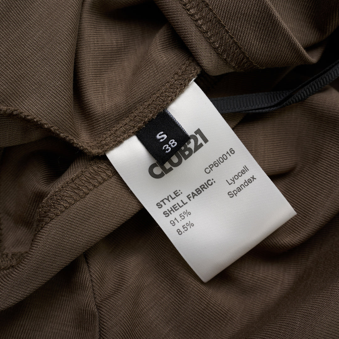 Taupe brown mock-neck short sleeve jersey tee with gathered draping at the side seam and an asymmetric hem - view 3