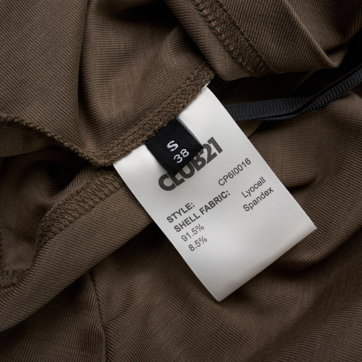 Taupe brown mock-neck short sleeve jersey tee with gathered draping at the side seam and an asymmetric hem - view 3