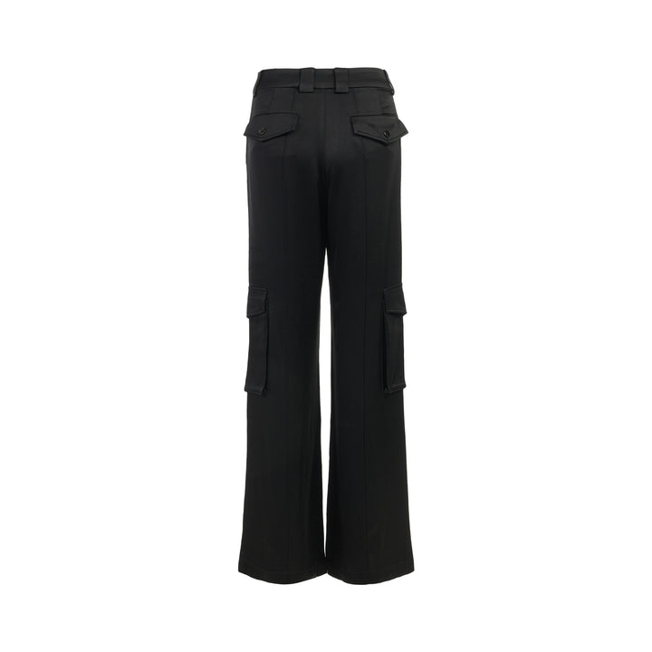 Black wide-leg cargo pants in crepe acetate mix with flap side pockets and panelled front, shown from the front - view 2