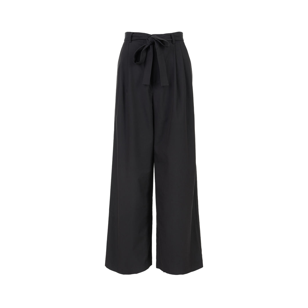 Black high-waisted wide-leg pants with front pleats and a self-tie belt at the waist, shown from the front