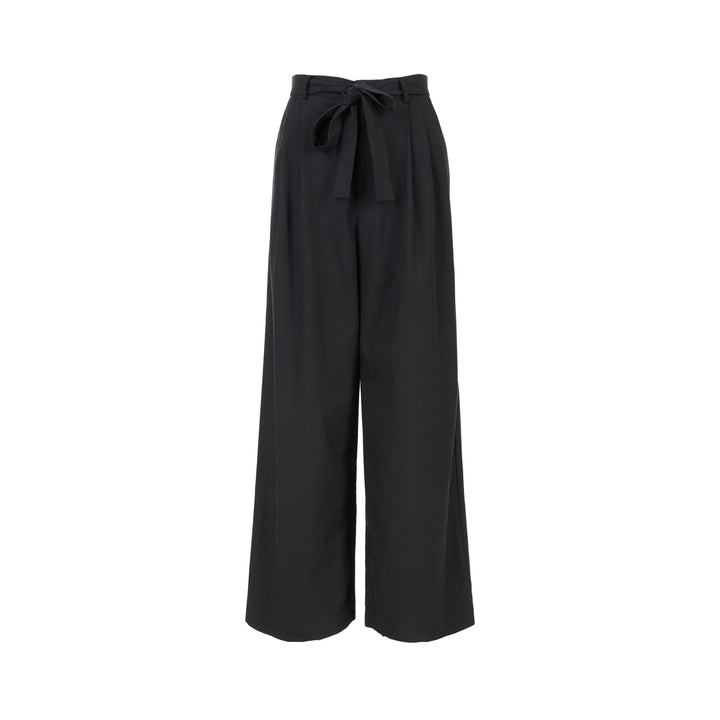 Black high-waisted wide-leg pants with front pleats and a self-tie belt at the waist, shown from the front