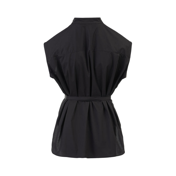 Black sleeveless cotton shirt with mandarin collar, pleated bib front and self-tie waist belt - view 2