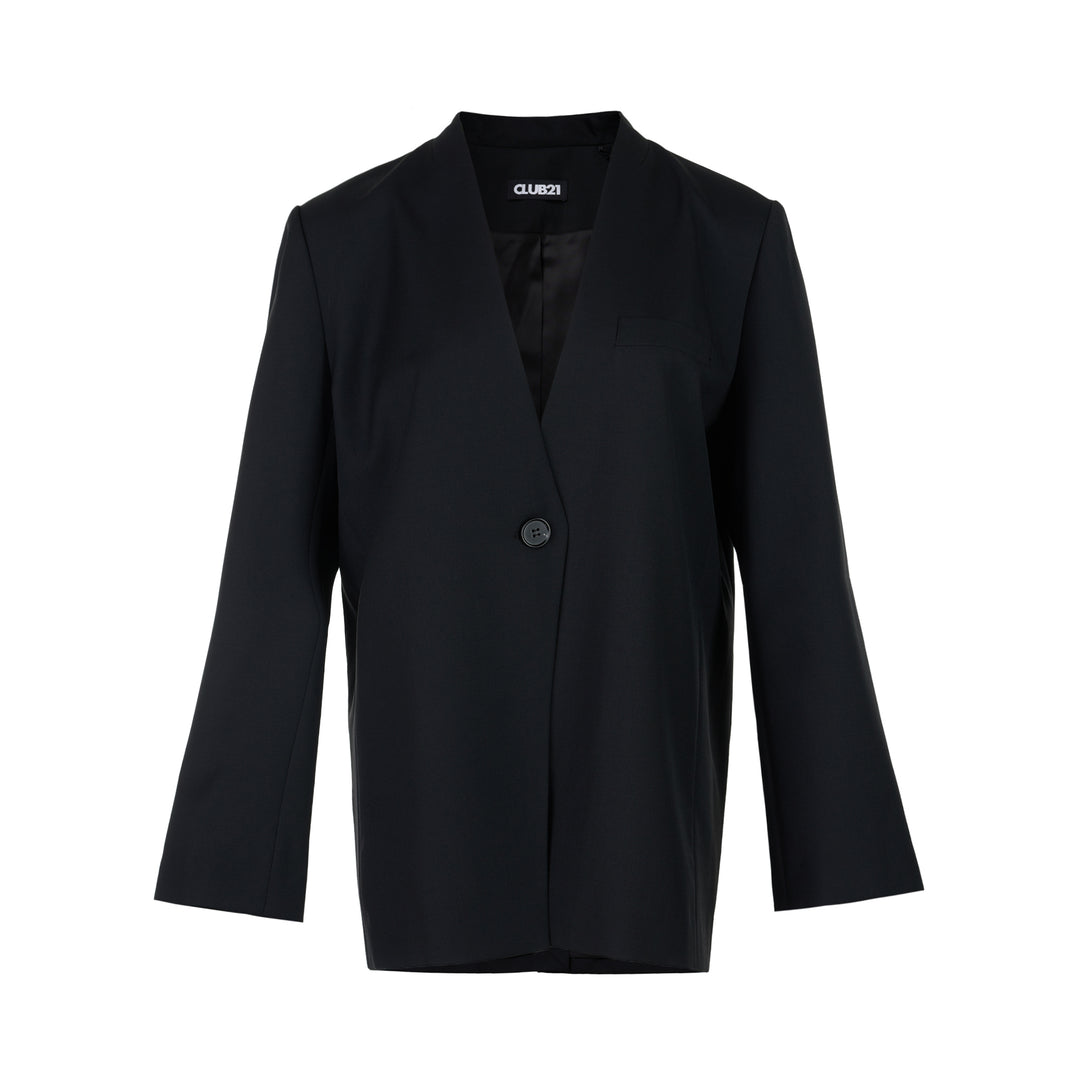 Black collarless wool-blend blazer with deep V neckline, single button closure and welt chest pocket, shown against a white background