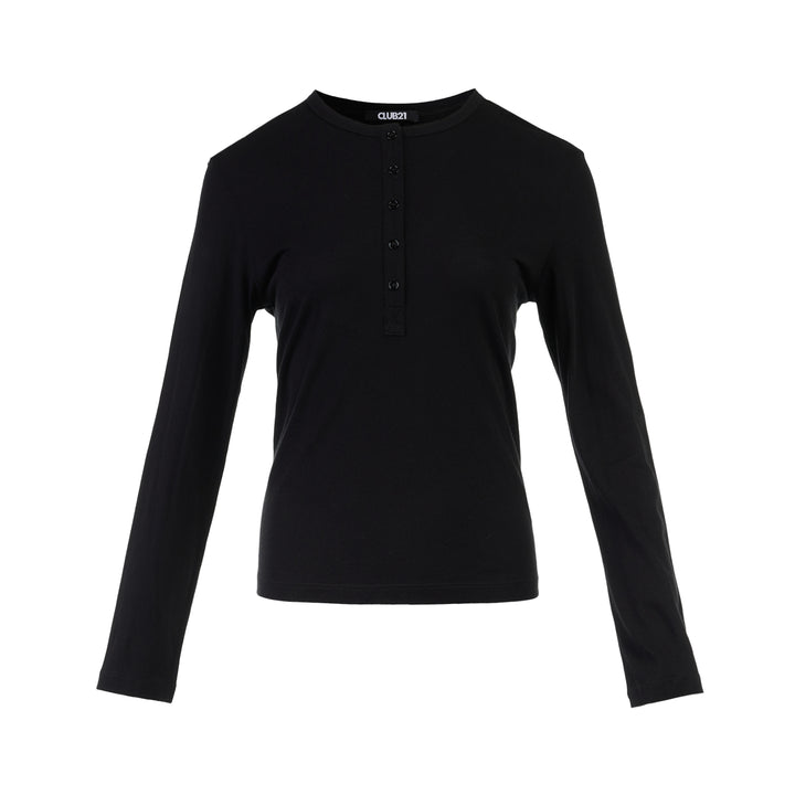 Black long sleeve cotton jersey Henley top with round neckline and five-button placket by Club21 Collection