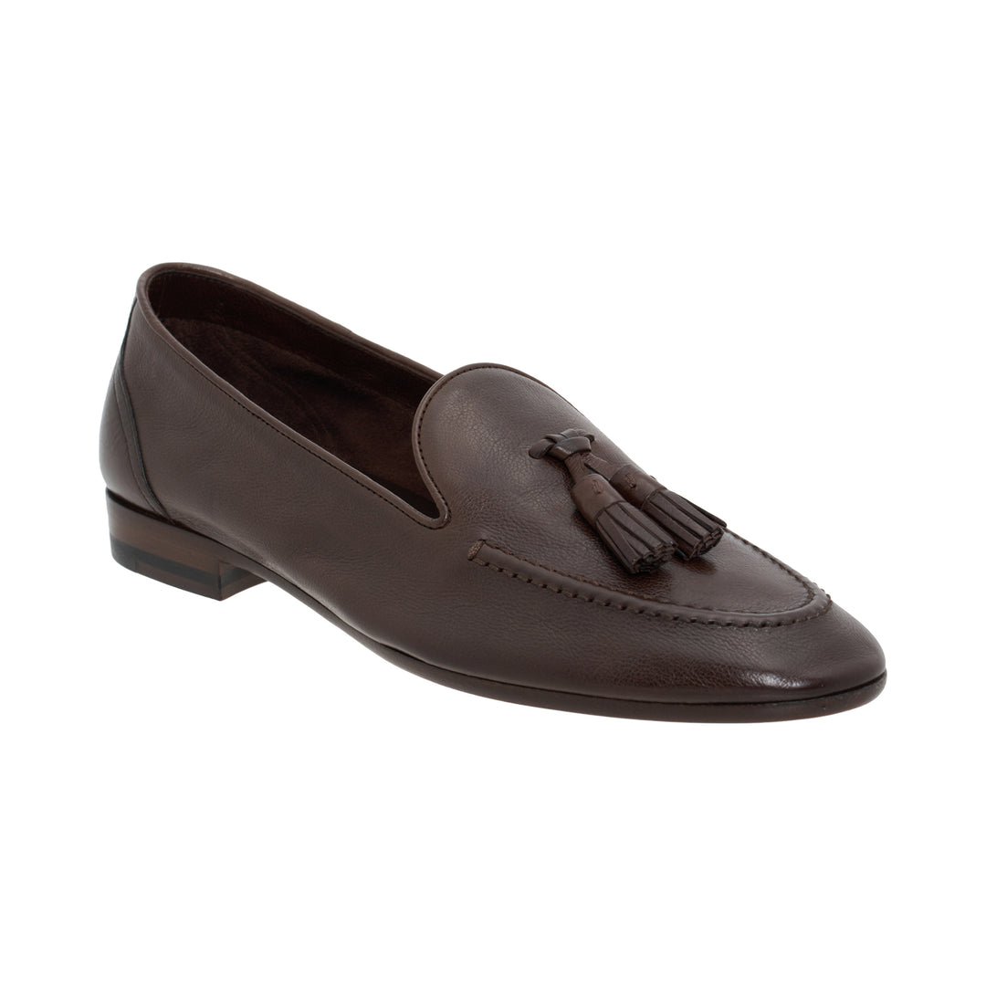 The Row Caden loafer in brown grained leather with leather tassel, moccasin stitching and low stacked heel, side view - view 2