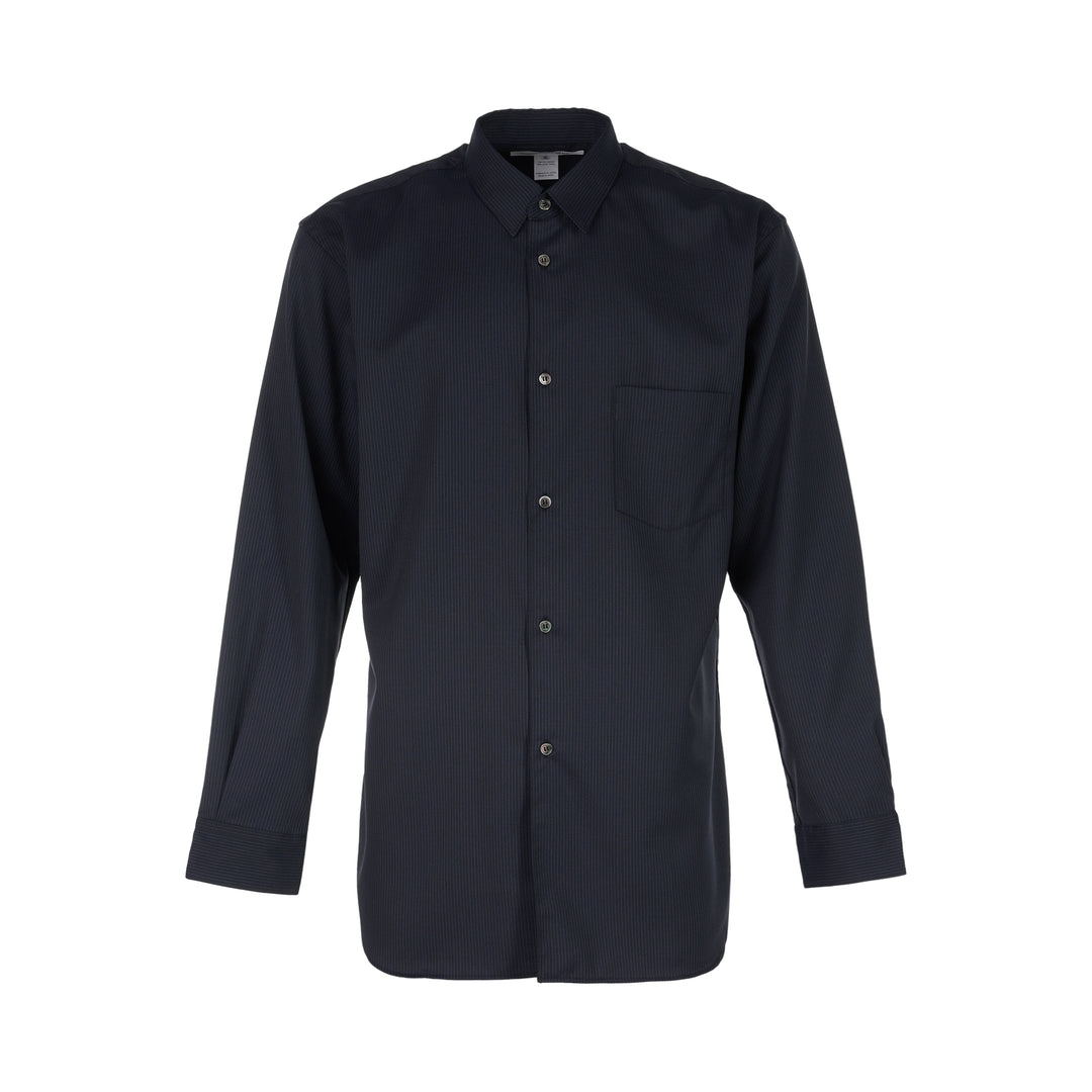 Comme des Garçons Shirt dark pinstripe long sleeve shirt with pointed collar, button front and chest pocket