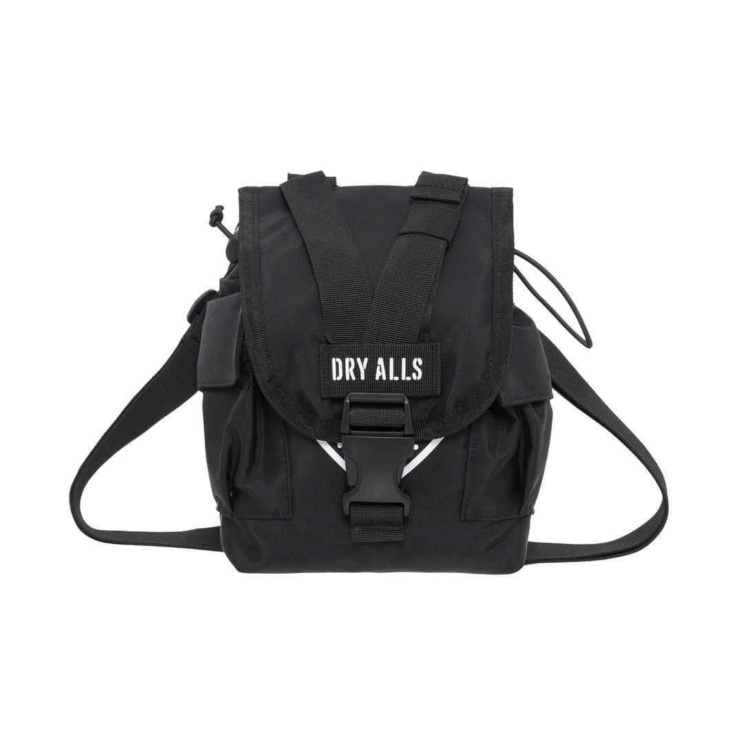 Human Made Military Pouch #1 in black with front buckle flap, webbing straps, DRY ALLS stencil label and side pockets