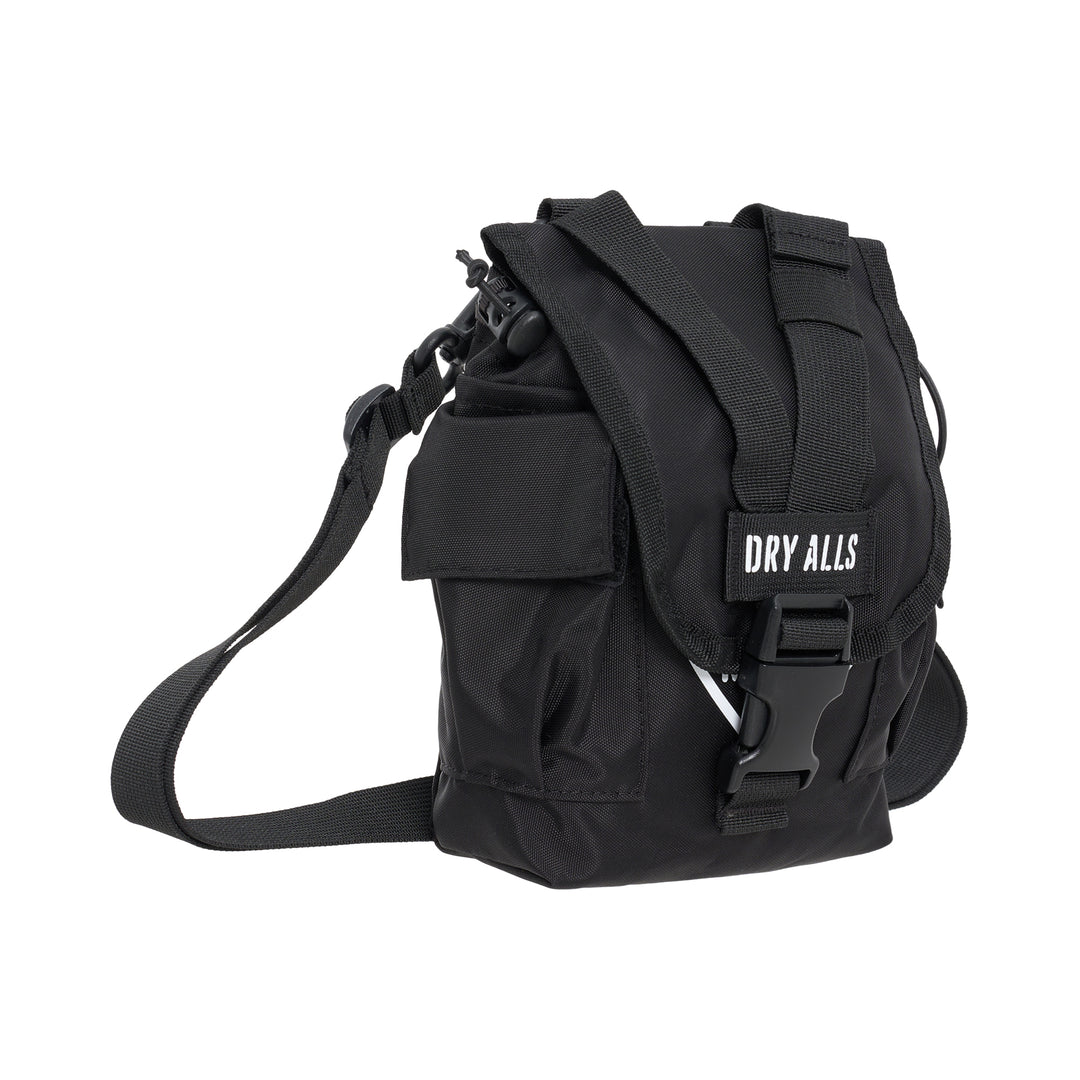 Human Made Military Pouch #1 in black with front buckle flap, webbing straps, DRY ALLS stencil label and side pockets - view 2