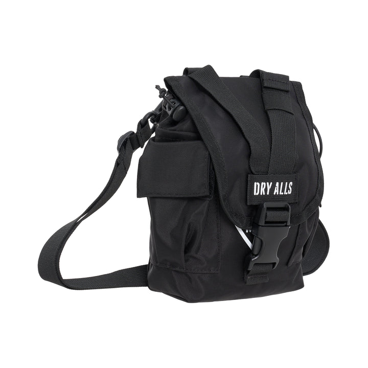 Human Made Military Pouch #1 in black with front buckle flap, webbing straps, DRY ALLS stencil label and side pockets - view 2