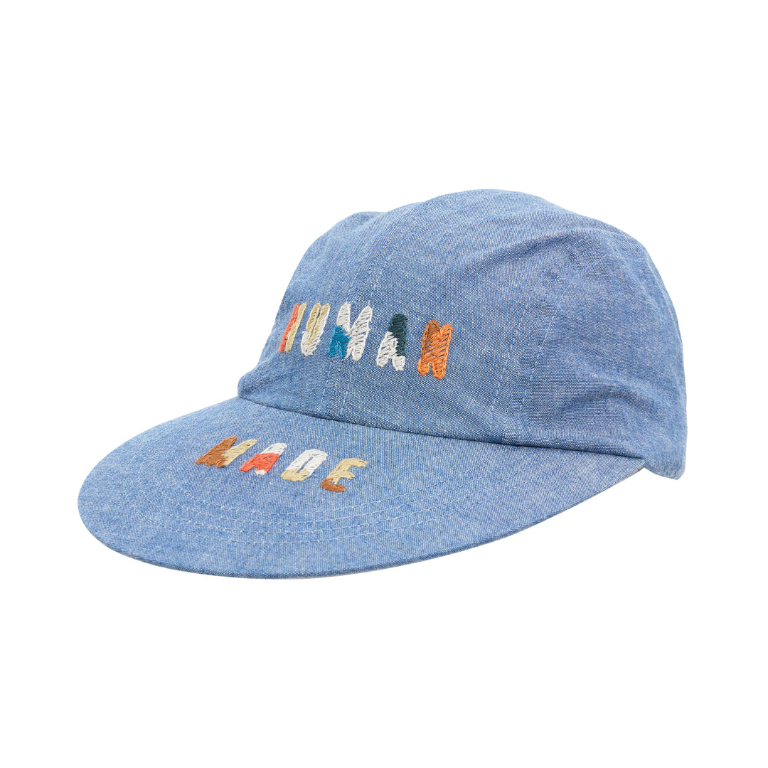 Human Made 4-panel chambray cap in washed blue with multicolour embroidered HUMAN lettering on the crown and MADE on the brim - view 2