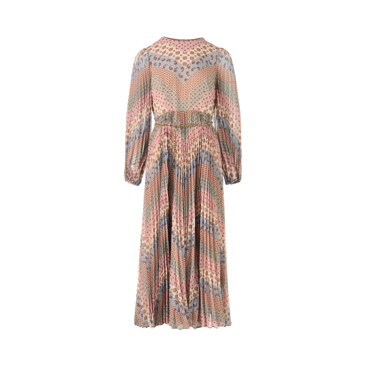 Zimmermann Sunray long sleeve pleated midi dress in a pastel chevron paisley and medallion print with blouson sleeves and gold chain belt