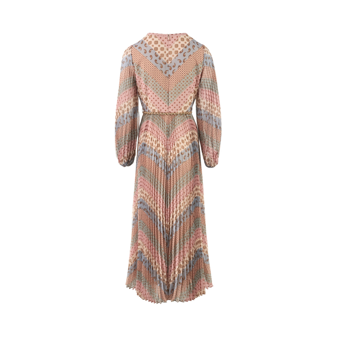 Zimmermann Sunray long sleeve pleated midi dress in a pastel chevron paisley and medallion print with blouson sleeves and gold chain belt - view 2