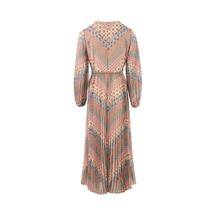Zimmermann Sunray long sleeve pleated midi dress in a pastel chevron paisley and medallion print with blouson sleeves and gold chain belt - view 2