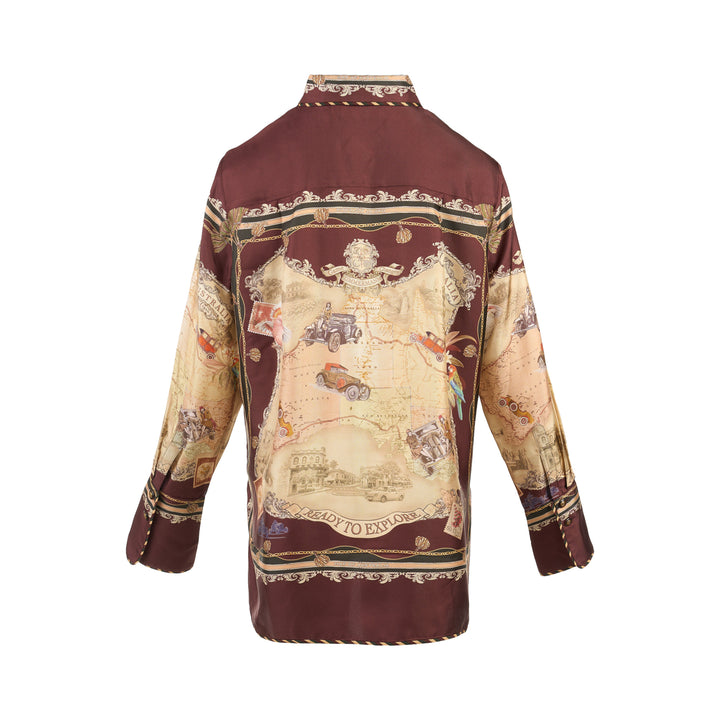 Zimmermann Valiant Twill Shirt in burgundy with a vintage Map of Australia scarf print, baroque borders and tassel details - view 2