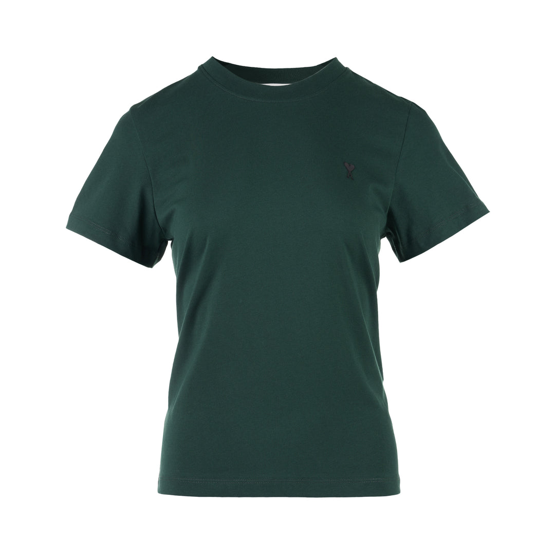 AMI forest green short-sleeve crew neck T-shirt with a small black Ami de Cœur embroidered logo at the chest