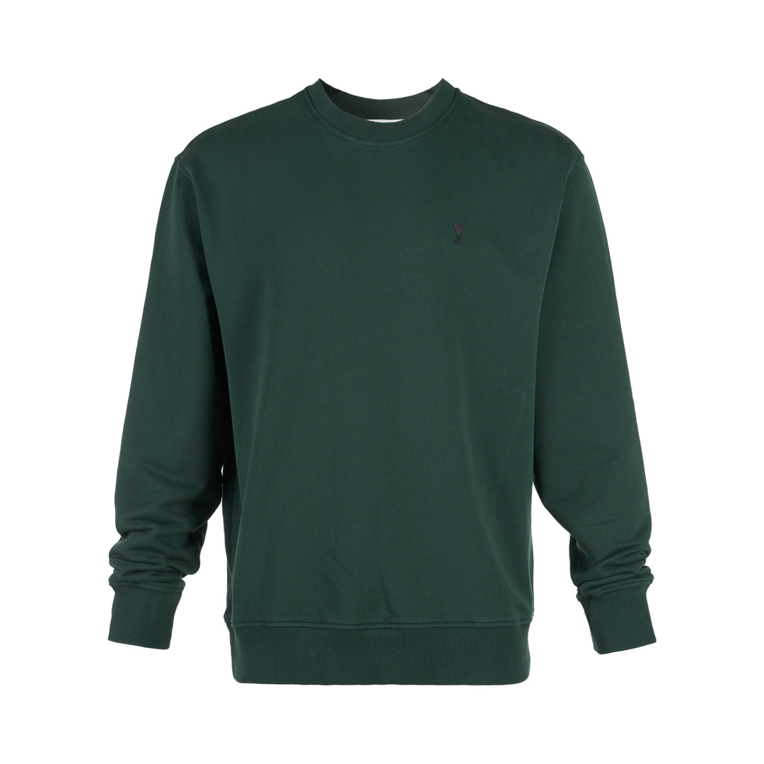 AMI forest green crewneck sweatshirt with ribbed trim and a small embroidered Ami de Coeur logo at the chest
