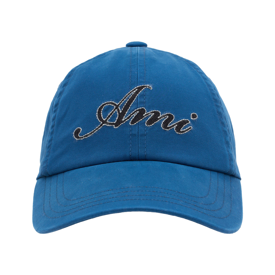 AMI blue cotton twill baseball cap with black script logo embroidered at the front and curved stitched brim