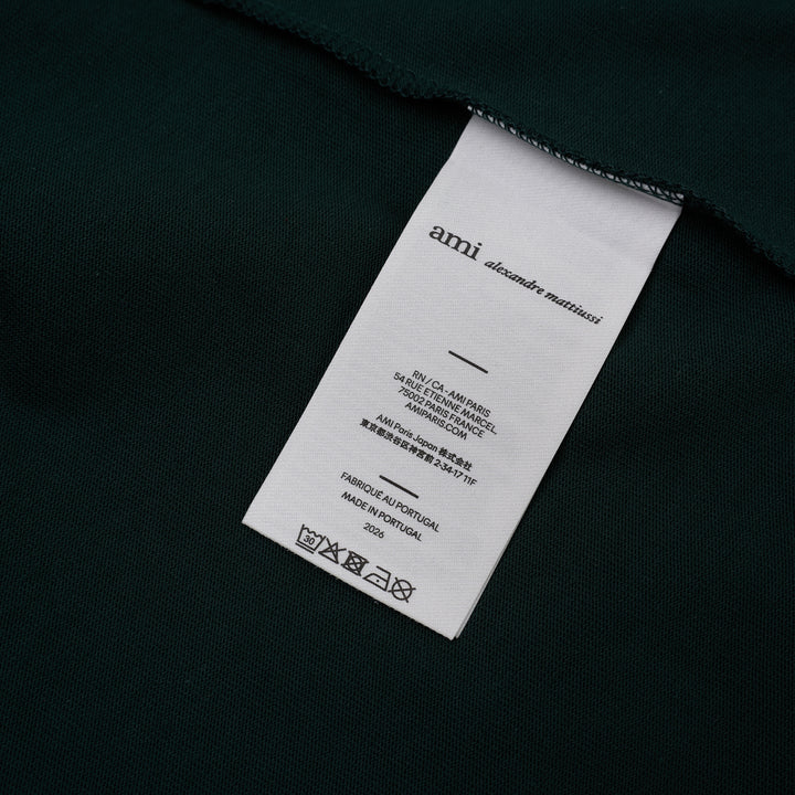 AMI Paris oversized t-shirt in dark green with cream contrast sleeves and collar, featuring white felt AMI PARIS lettering across the chest - view 3