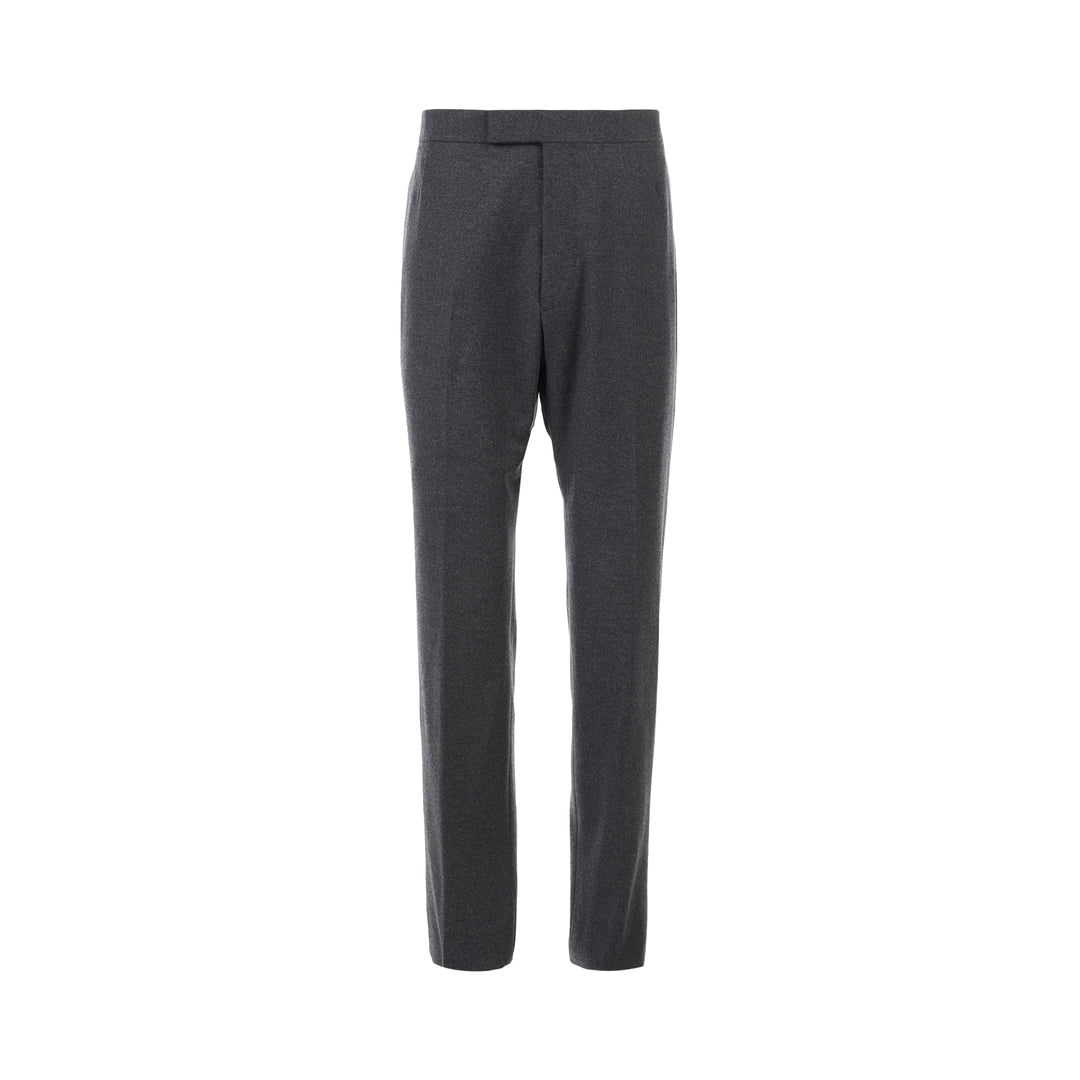 Thom Browne Fit 1 backstrap trousers in charcoal grey with flat front and slim straight leg, shown front view