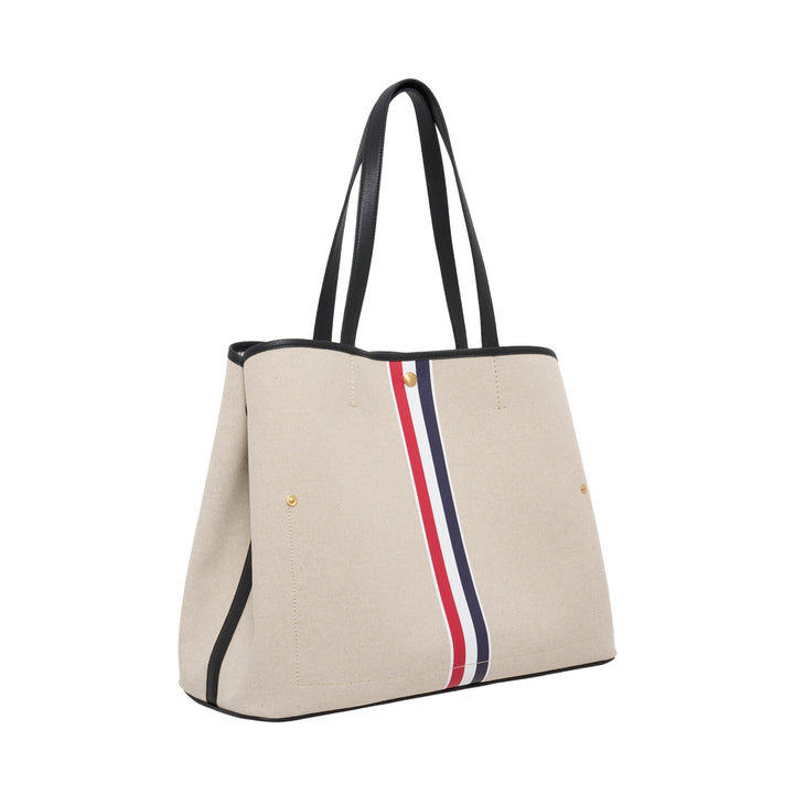 Thom Browne horizontal canvas tote bag with black leather handles, gold-tone studs and a red, white, and blue vertical stripe - view 2