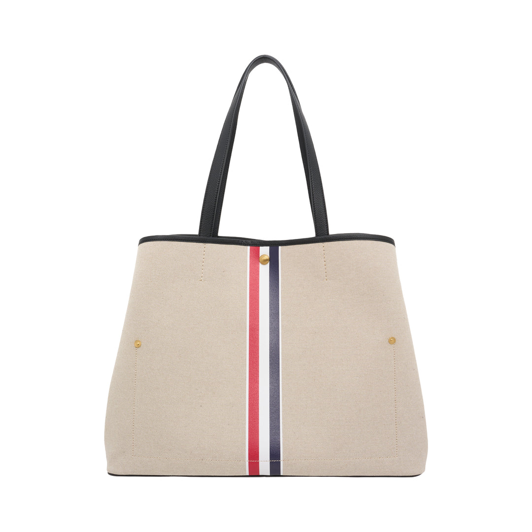Thom Browne horizontal canvas tote bag with black leather handles, gold-tone studs and a red, white, and blue vertical stripe - view 3