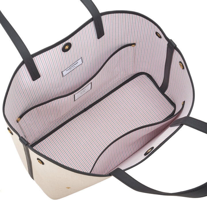 Thom Browne horizontal canvas tote bag with black leather handles, gold-tone studs and a red, white, and blue vertical stripe - view 4
