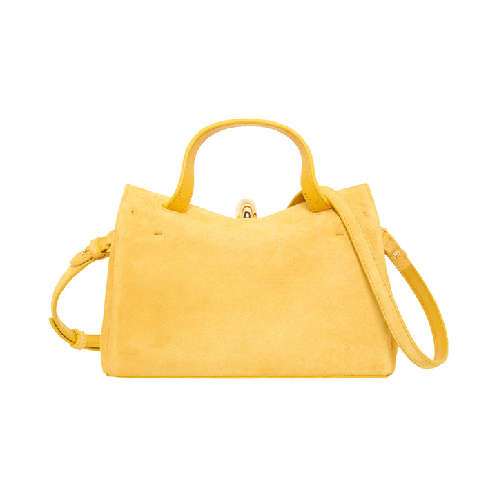 Jacquemus Le Petit Valerie yellow suede top-handle handbag with gold-tone clasp and detachable crossbody strap - view 3
