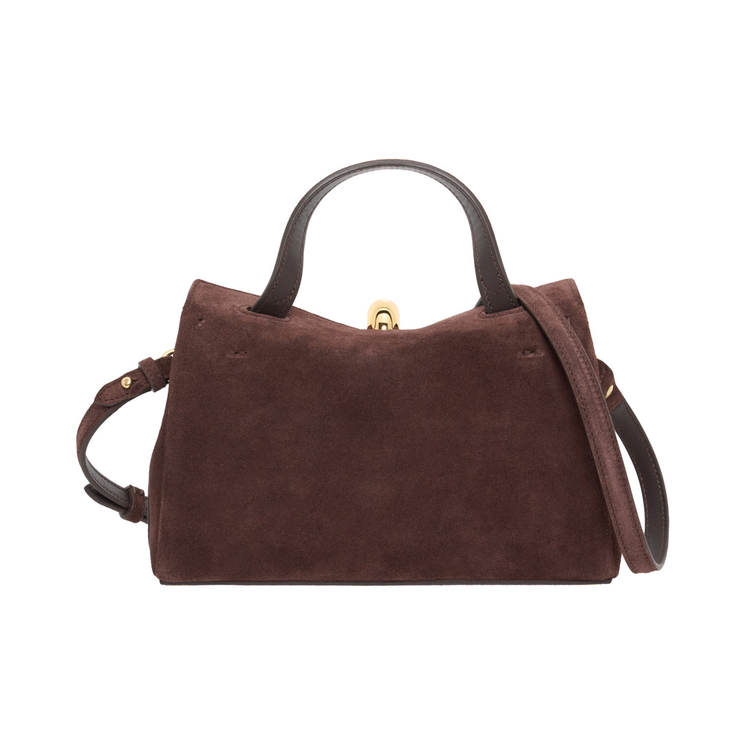 Jacquemus Le Petit Valerie handbag in chocolate brown suede with a gold-tone dome clasp, top handle and detachable shoulder strap - view 3