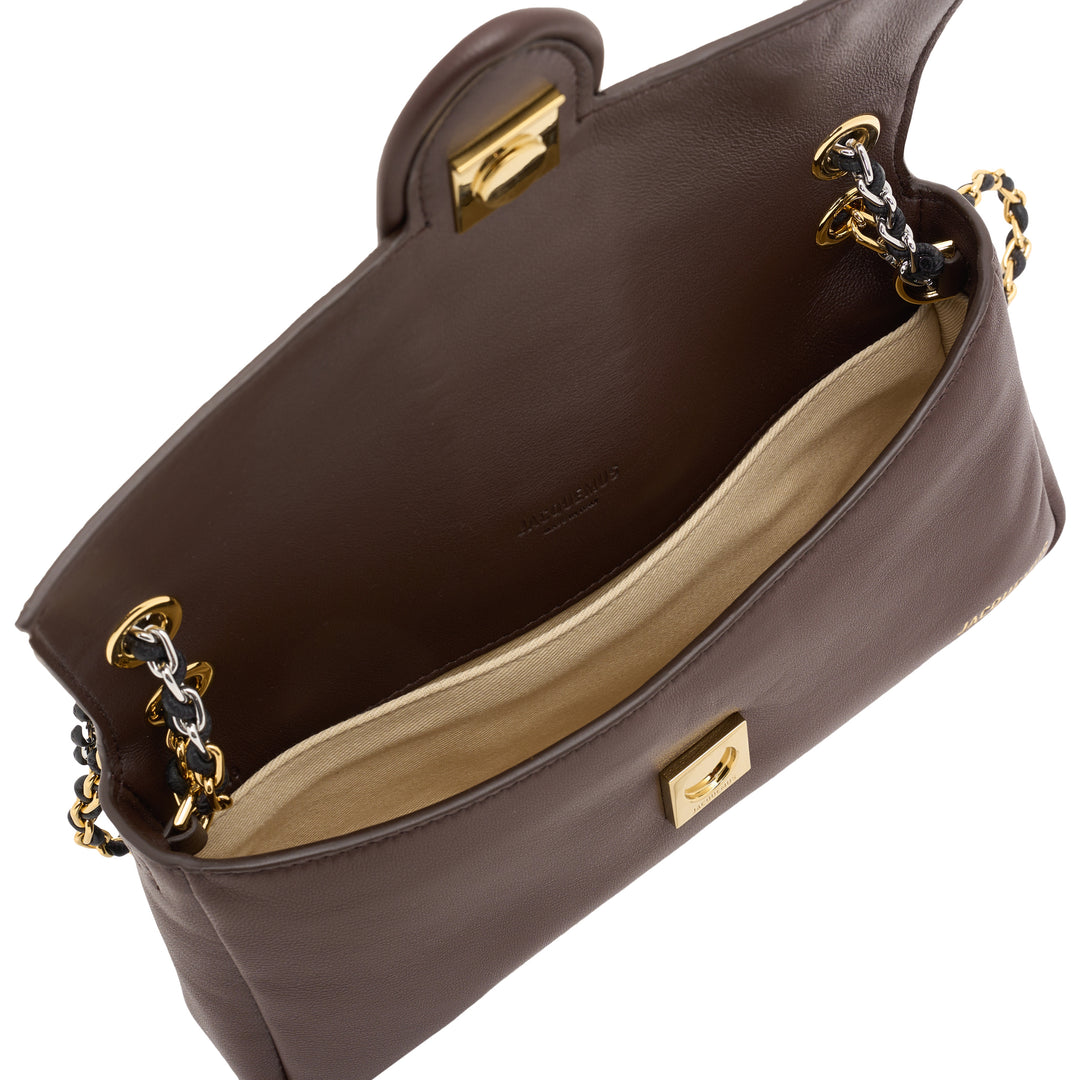 Jacquemus Le Bambino Chaîne brown leather shoulder bag with curved tab closure and woven chain strap - view 4