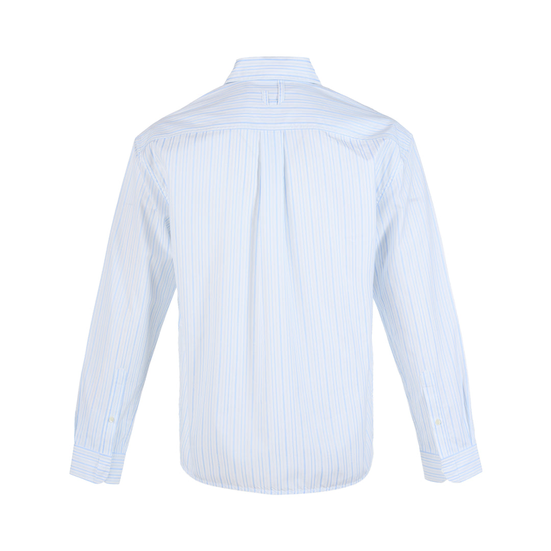 Jacquemus La Chemise Simon long sleeve shirt in light blue and white stripes with concealed placket and embroidered script patch on the chest - view 2