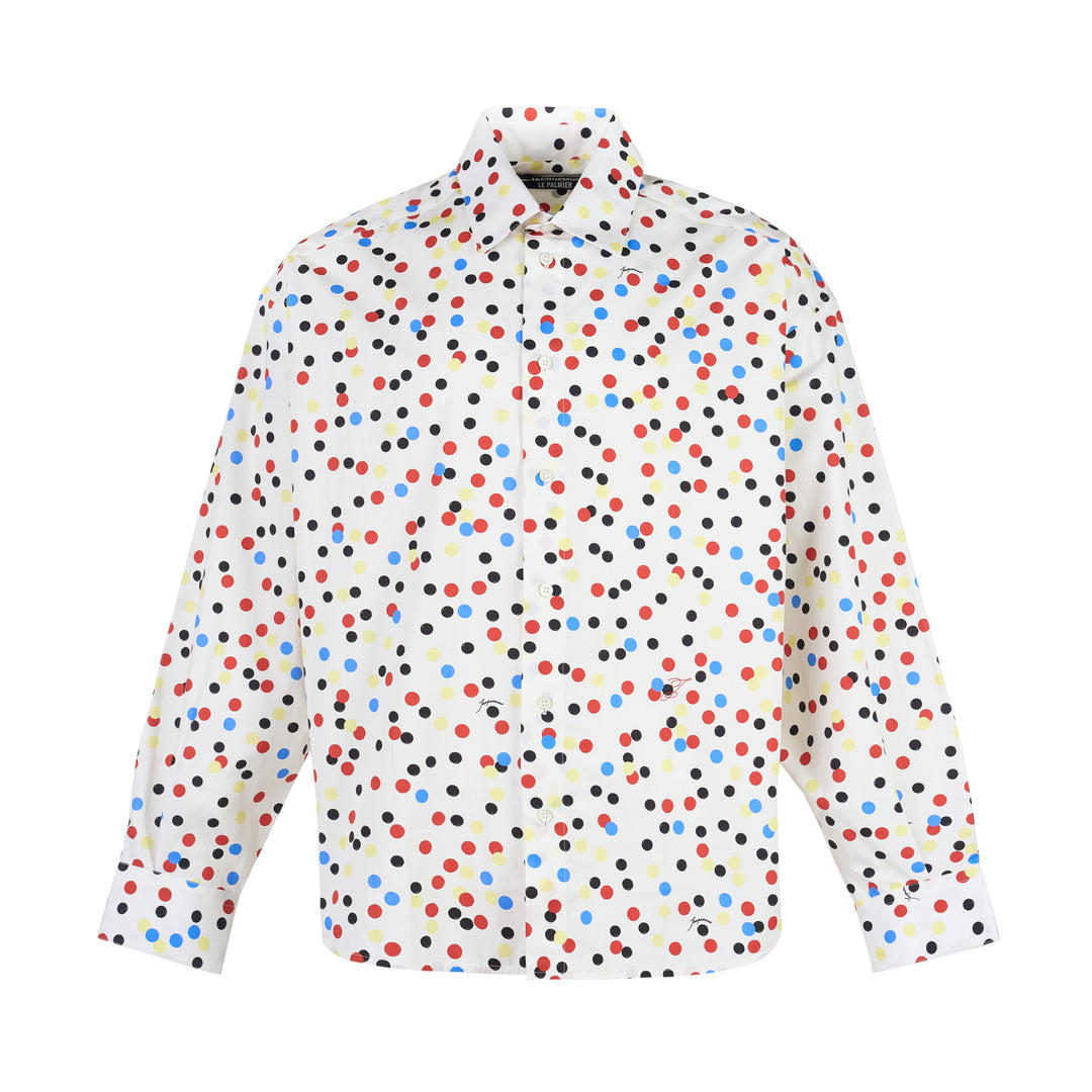 Jacquemus white long sleeve shirt with all-over red, blue, yellow and black polka dot print, shown front view with button-front closure