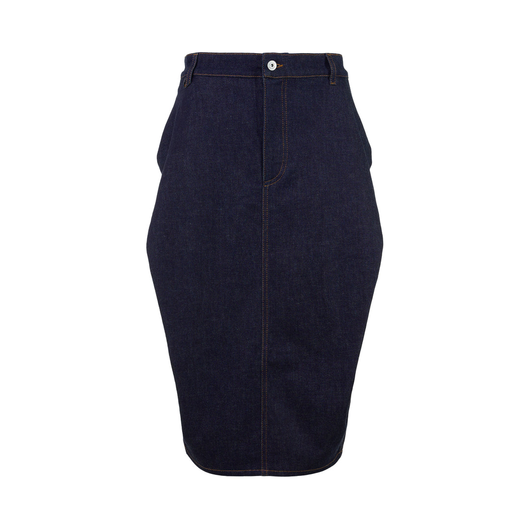 Jacquemus La Jupe Cubisto dark indigo denim midi skirt with contrast topstitching, high waist, and curved sculptural silhouette, shown from the front