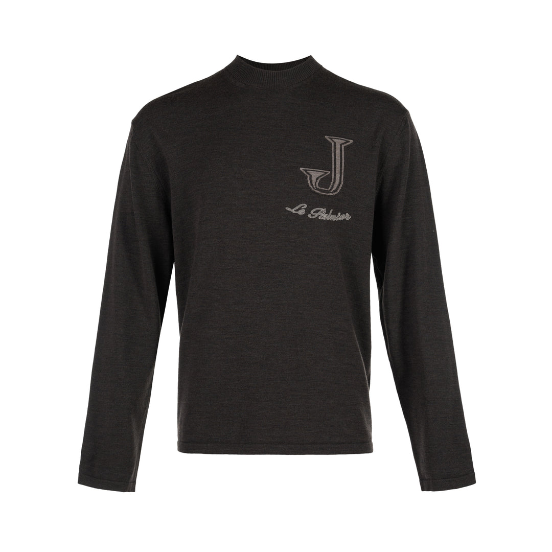 Jacquemus charcoal knit sweater with mock neckline and intarsia J monogram with Le Palmier script at the chest