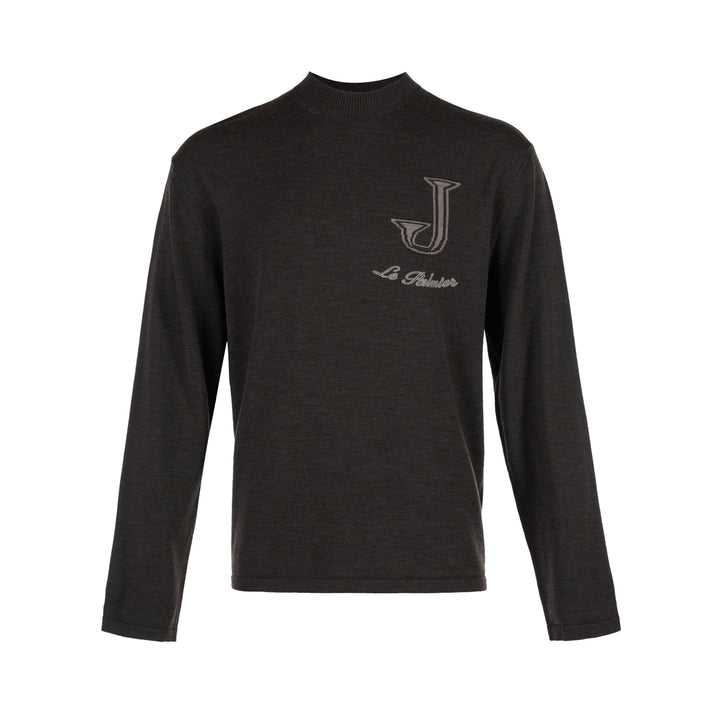 Jacquemus charcoal knit sweater with mock neckline and intarsia J monogram with Le Palmier script at the chest