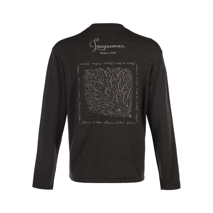 Jacquemus charcoal knit sweater with mock neckline and intarsia J monogram with Le Palmier script at the chest - view 2