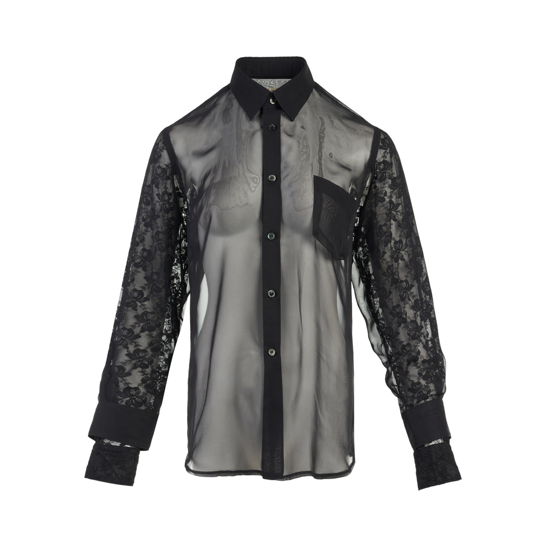 Comme des Garçons black sheer georgette button-up shirt with floral lace sleeves, chest pocket and lace cuffs