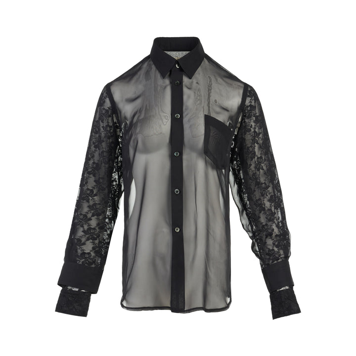 Comme des Garçons black sheer georgette button-up shirt with floral lace sleeves, chest pocket and lace cuffs