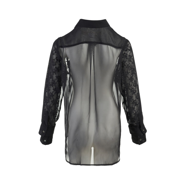 Comme des Garçons black sheer georgette button-up shirt with floral lace sleeves, chest pocket and lace cuffs - view 2