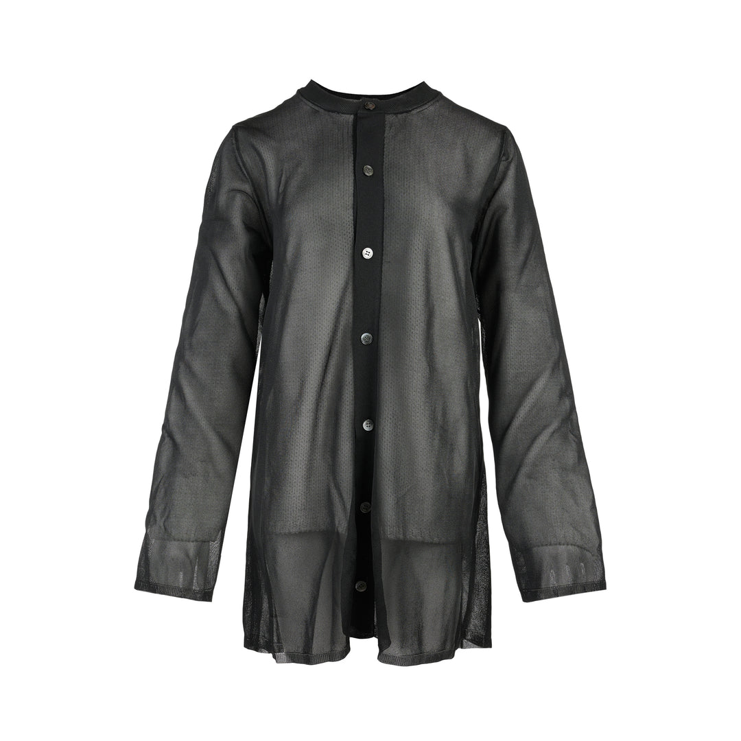 Comme des Garçons sheer black polyester lily yarn jersey cardigan with ribbed crew neck, button-front placket and long sleeves
