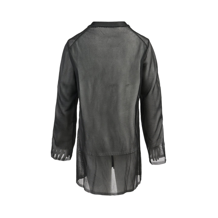 Comme des Garçons sheer black polyester lily yarn jersey cardigan with ribbed crew neck, button-front placket and long sleeves - view 2