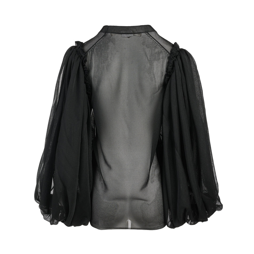 Comme des Garçons black sheer jersey blouse with voluminous balloon sleeves and gathered shoulder details, shown from the front - view 2