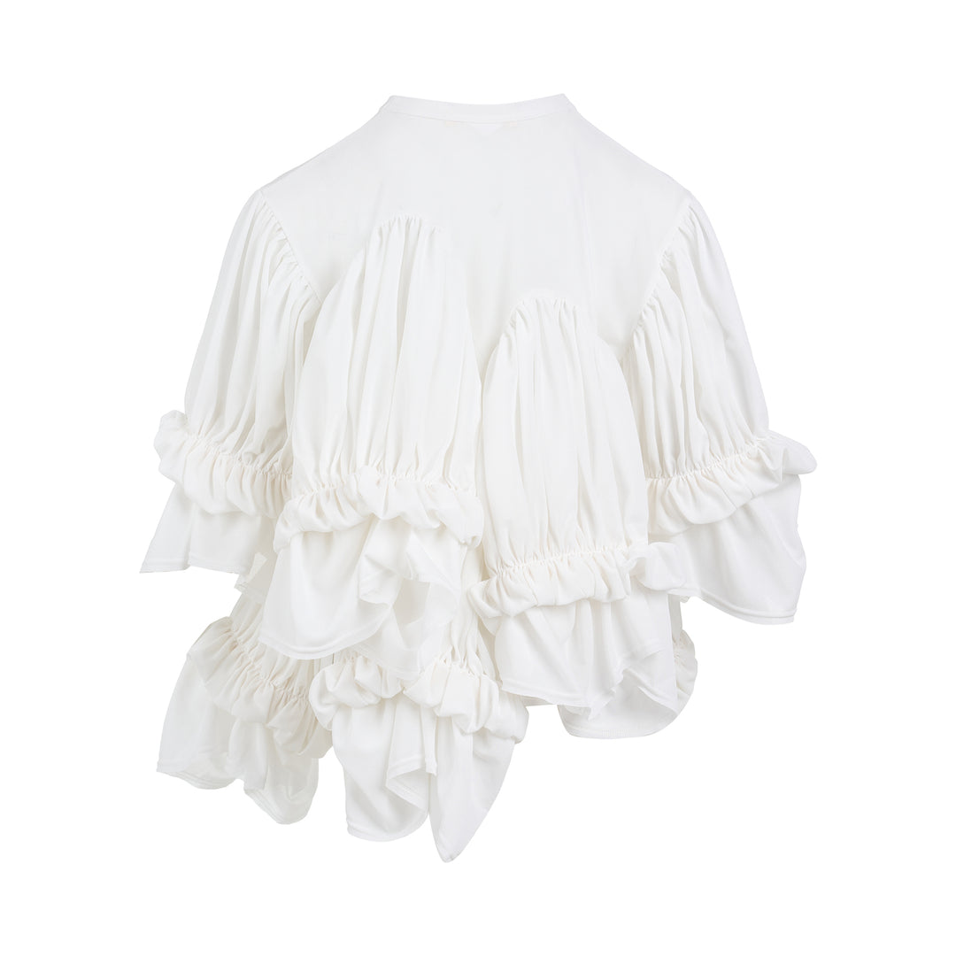 Comme des Garçons white ruffled tiered tee with pleated scalloped panels and gathered puff sleeves - view 2