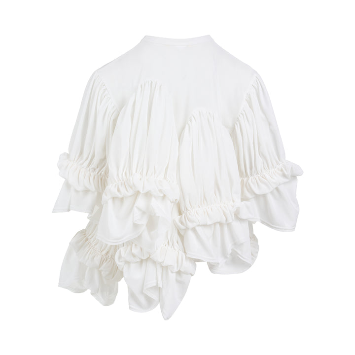 Comme des Garçons white ruffled tiered tee with pleated scalloped panels and gathered puff sleeves - view 2