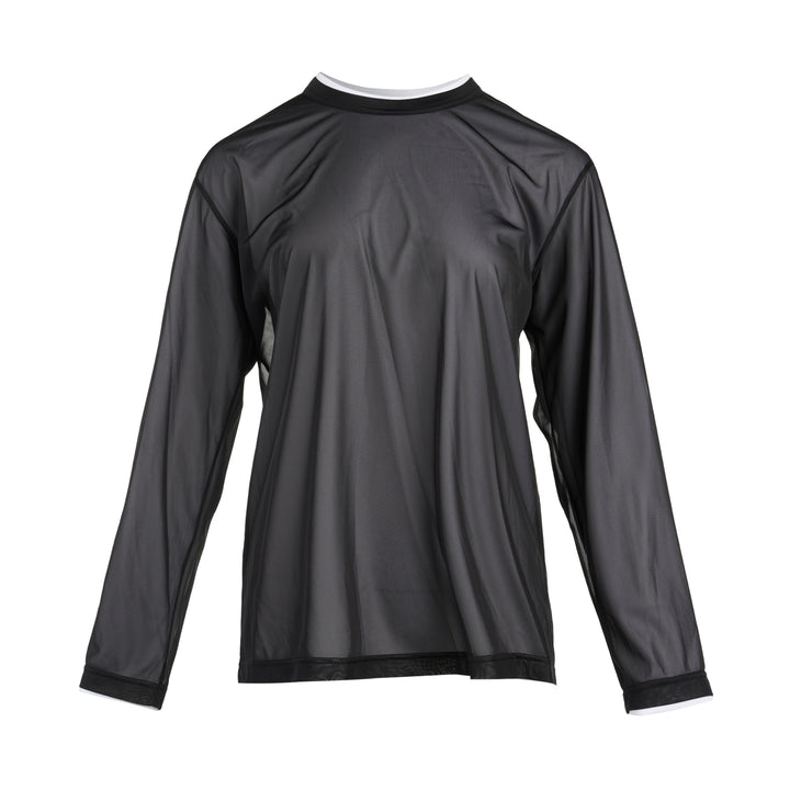 Comme des Garçons black sheer mesh long sleeve tee with white contrast trim at the crew neck and cuffs