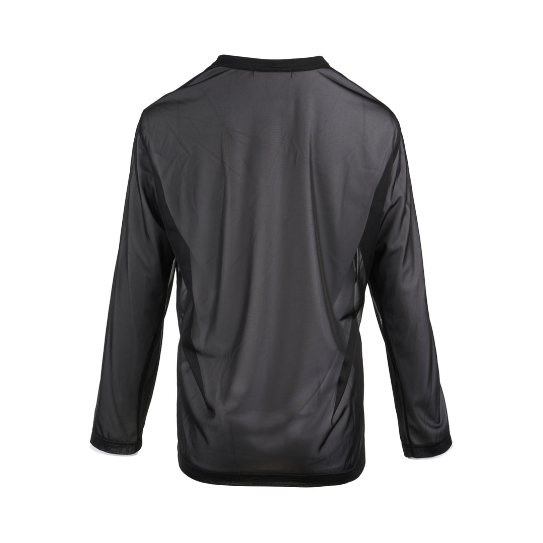 Comme des Garçons black sheer mesh long sleeve tee with white contrast trim at the crew neck and cuffs - view 2