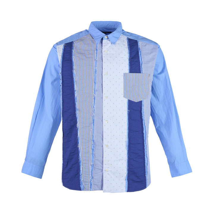 Comme des Garçons Homme long sleeve multi fabrication shirt in blue patchwork stripes and dots with frayed seams and a striped chest pocket